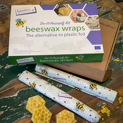 unboxed beeskin DIY kit for beeswax wraps with fabric kids design with little bees and honeycomb formed mixture