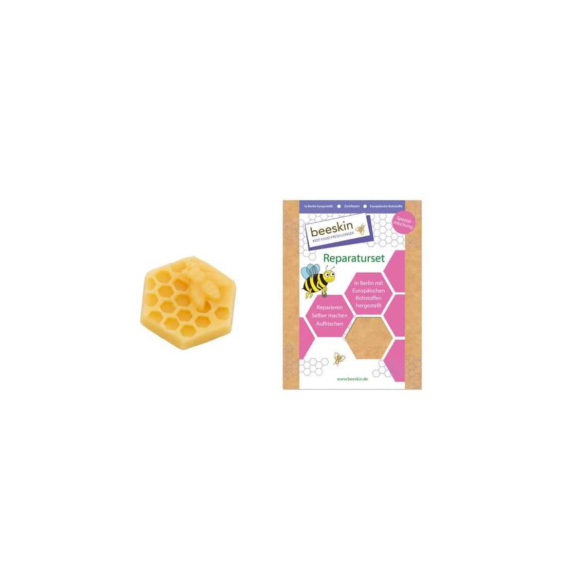 repair kit for beeswax wraps formed as a honeycomb next to packaging