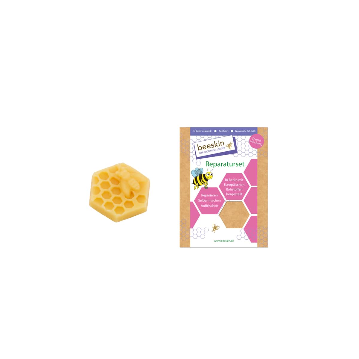 repair kit for beeswax wraps formed as a honeycomb next to packaging