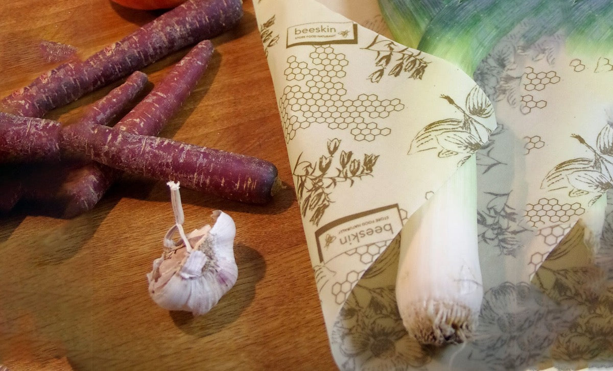 red carrots and garlic, leek wrapped in beeskin beeswax wrap xl flower