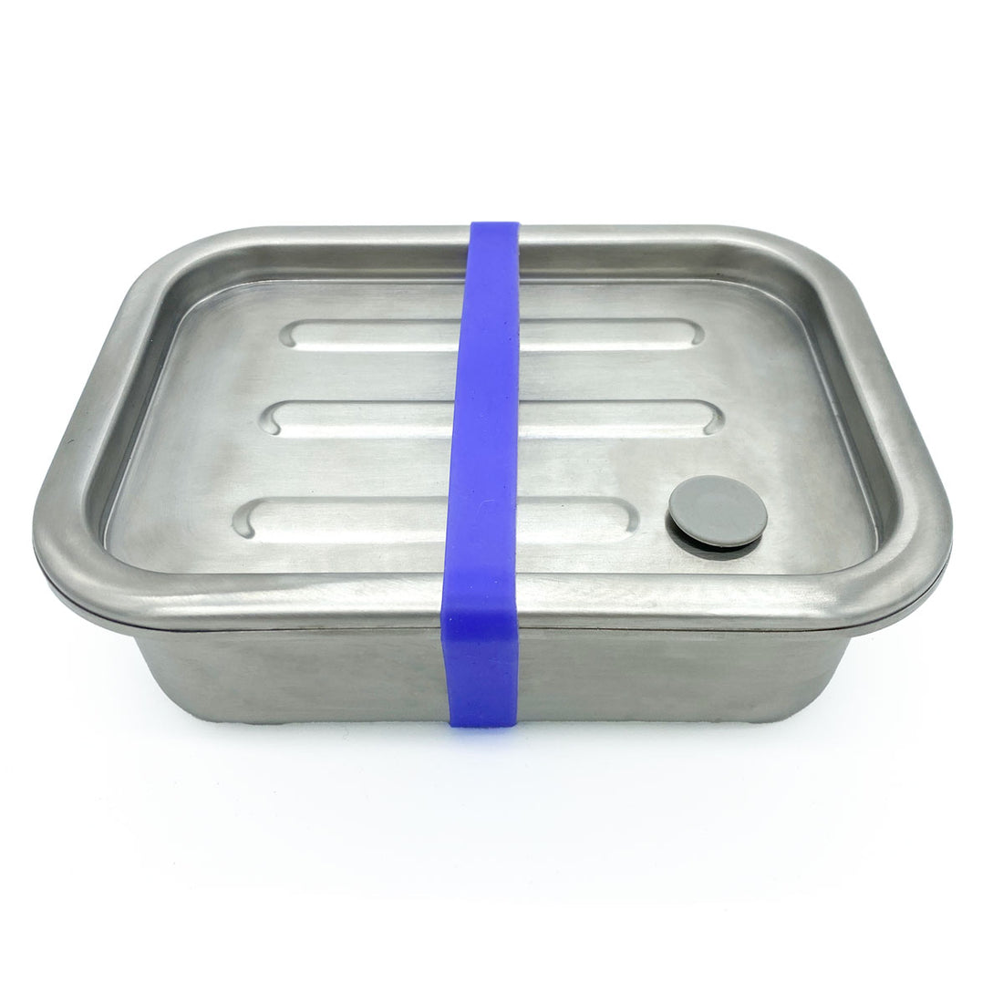 stainless steel snack box closed with purple rubber band