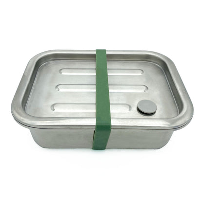 Beeskin stainless steel snack box with a green rubber