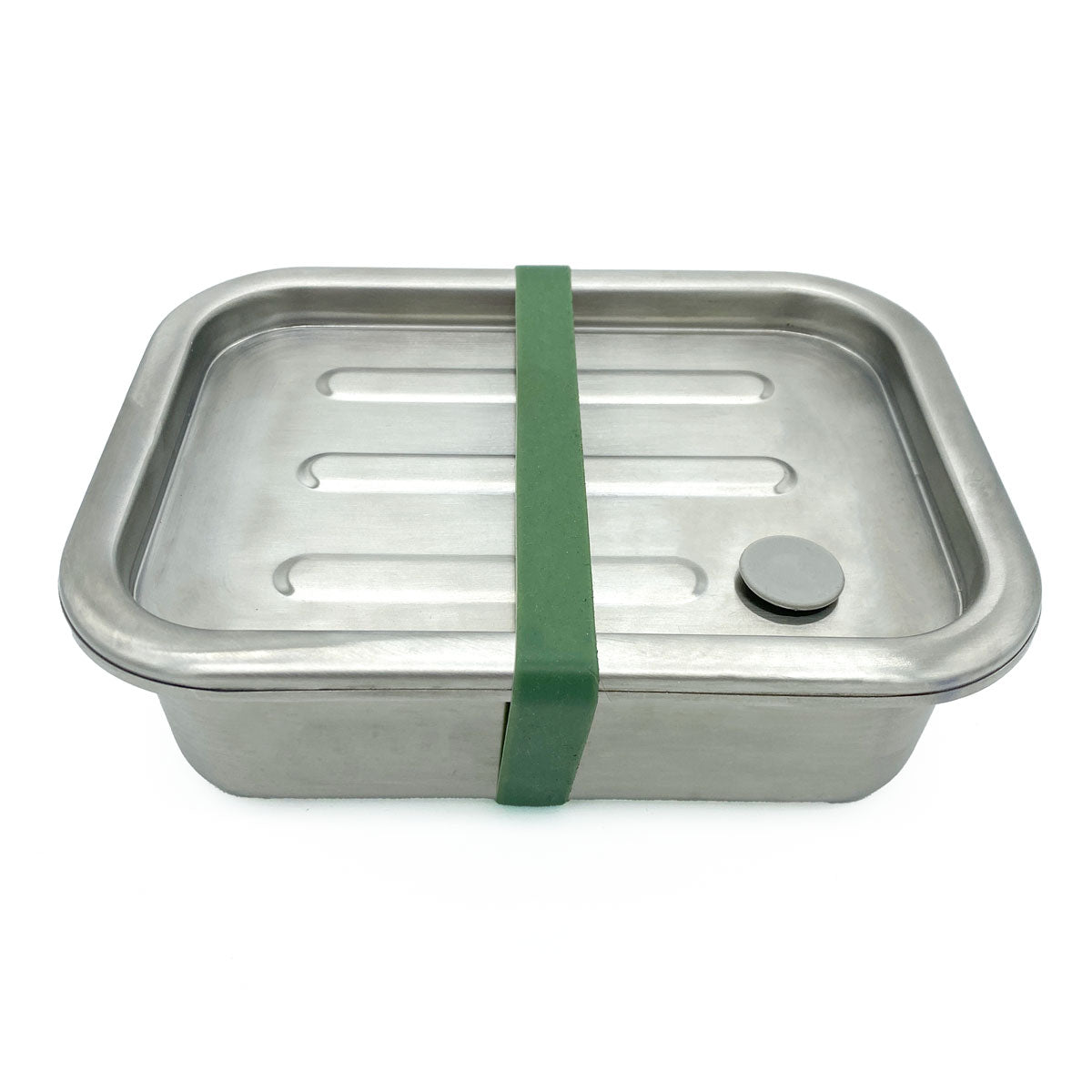 beeskin stainless steel snack box closed with green rubber band